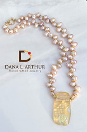 Dichroic Glass, Pink Peacock Pearl Necklace