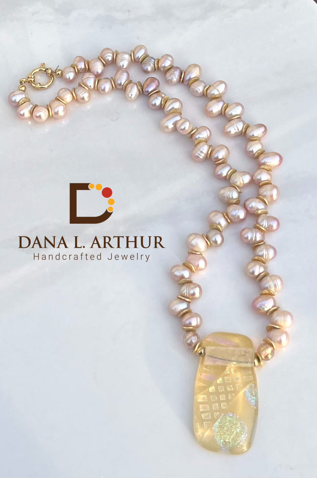 Dichroic Glass, Pink Peacock Pearl Necklace
