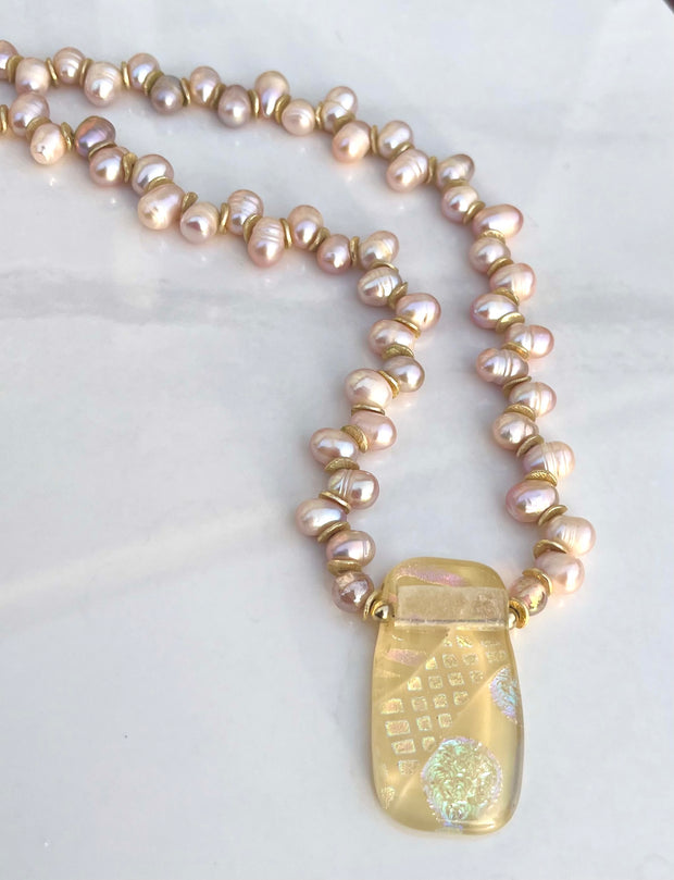Dichroic Glass, Pink Peacock Pearl Necklace