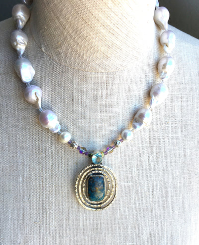 Baroque Pearl African Azurite Pendant Necklace