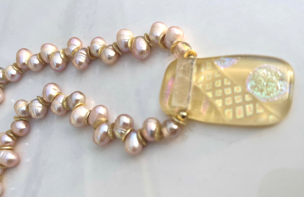 Dichroic Glass, Pink Peacock Pearl Necklace