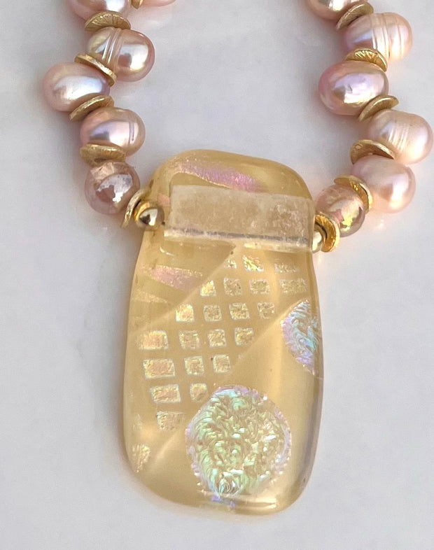 Dichroic Glass, Pink Peacock Pearl Necklace