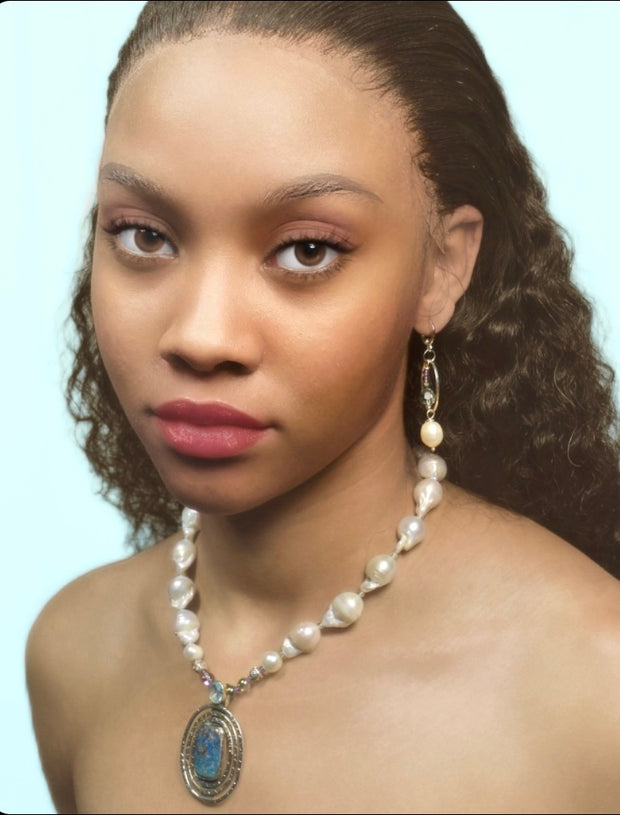 Baroque Pearl African Azurite Pendant Necklace