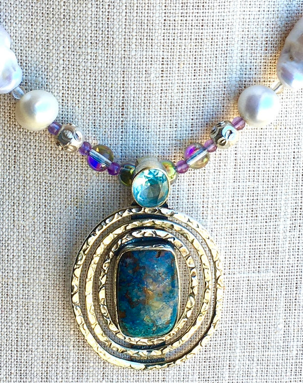 Baroque Pearl African Azurite Pendant Necklace